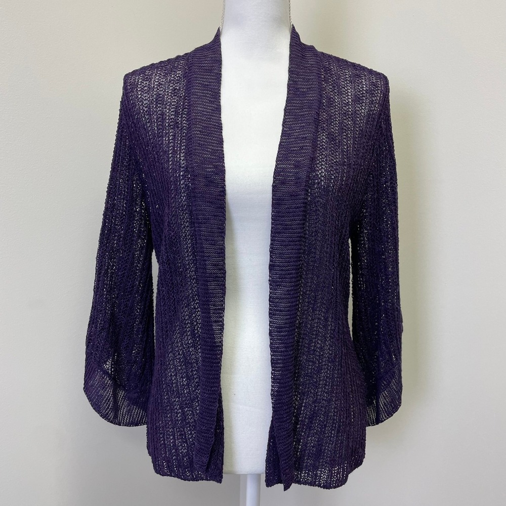 Eileen Fisher Purple Open Knit Linen Blend Cardigan Sweater M Beach Crochet